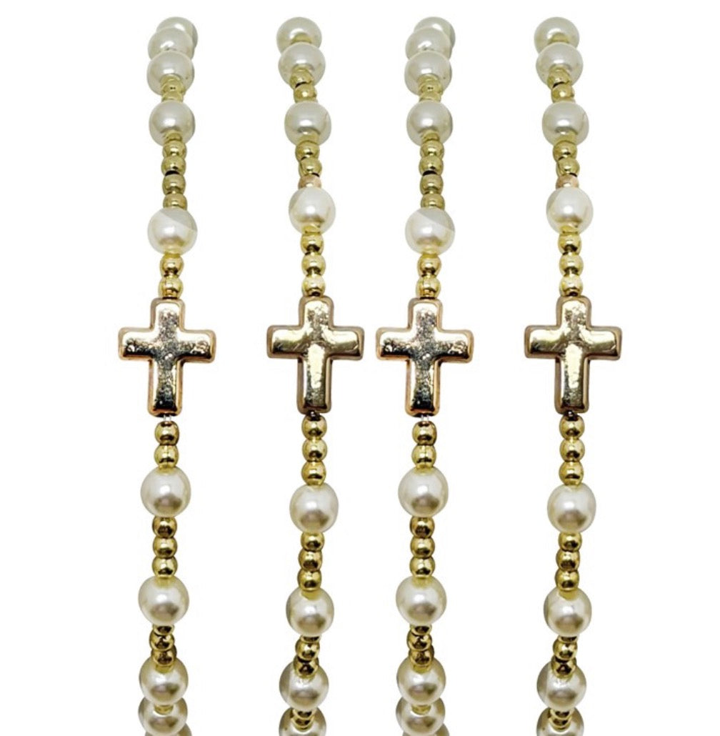 Pearl Bead + Cross Bracelet