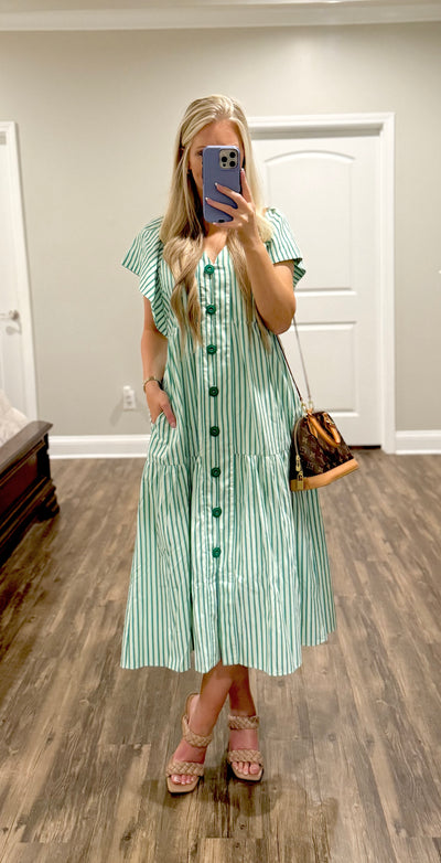 Button Up Midi Dress- Green Stripe
