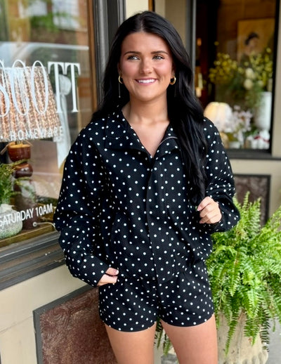 Polka Dot Zip-Up Jacket and Shorts Set- Black