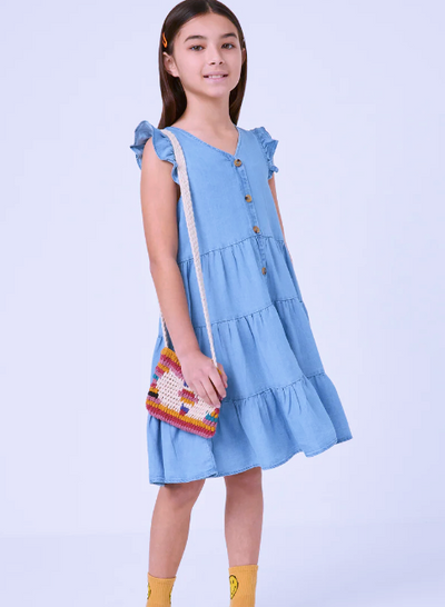 Girls Button Down Dress- Light Denim