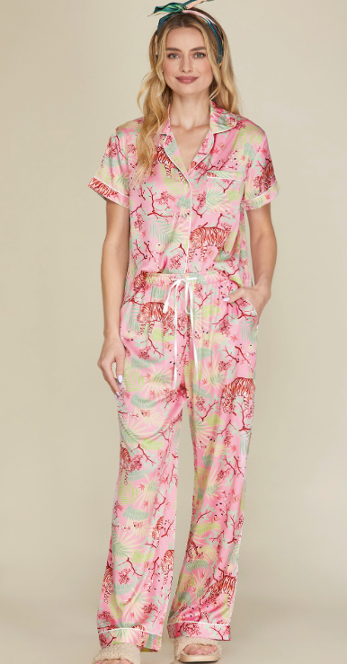 Tiger Print Satin Pajama Set