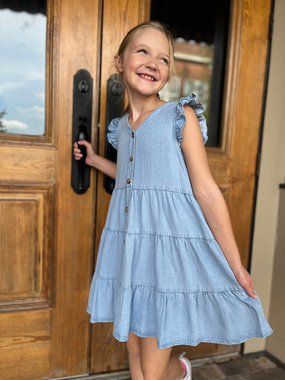 Girls Button Down Dress- Light Denim